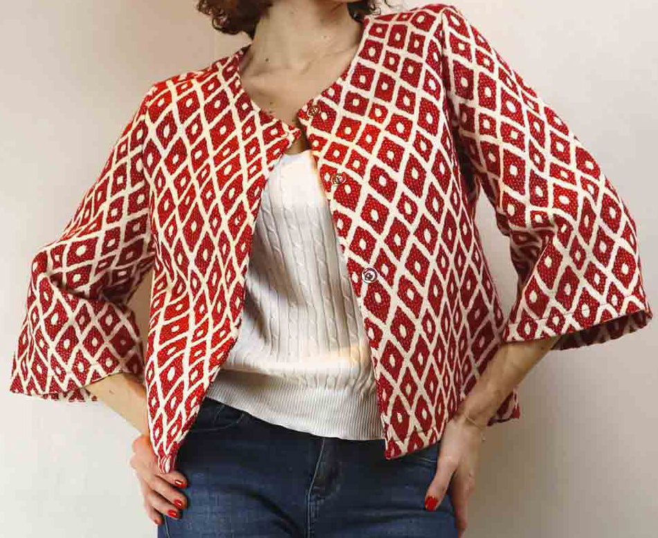 red-and-white jaquard jacket