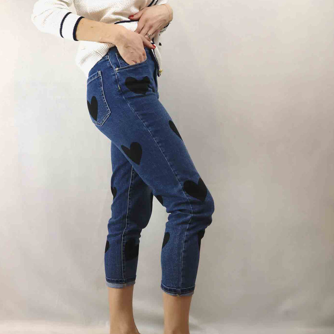 blue jeans with black heart print