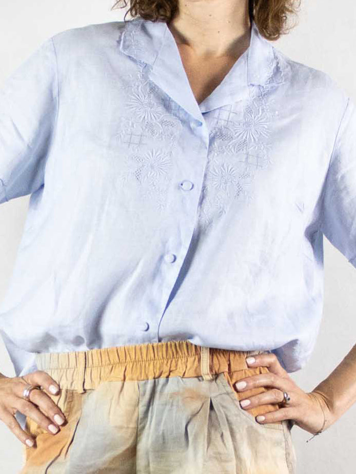 Embroidered Light Blue Linen Shirt