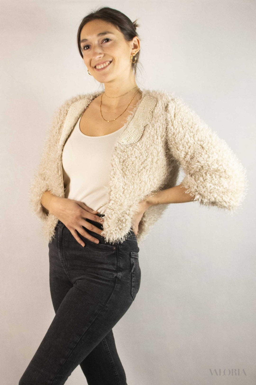 Unique Teddy Cardigan w. Pearl Embroidery